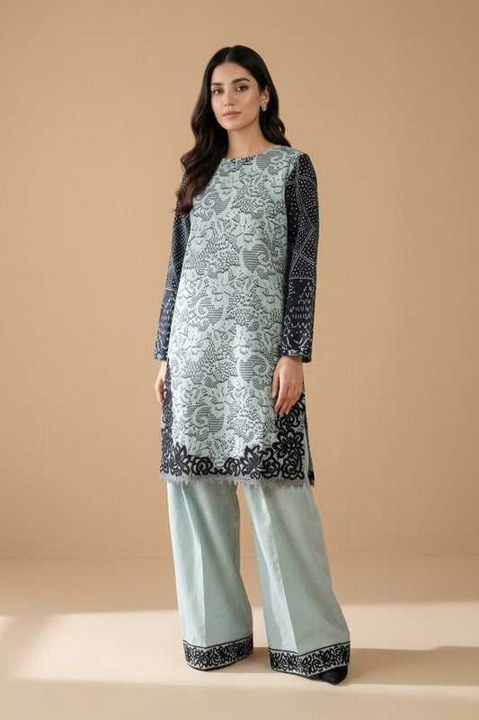 2 Piece Unstitched Embroidered Khaddar - Seafoam Grey