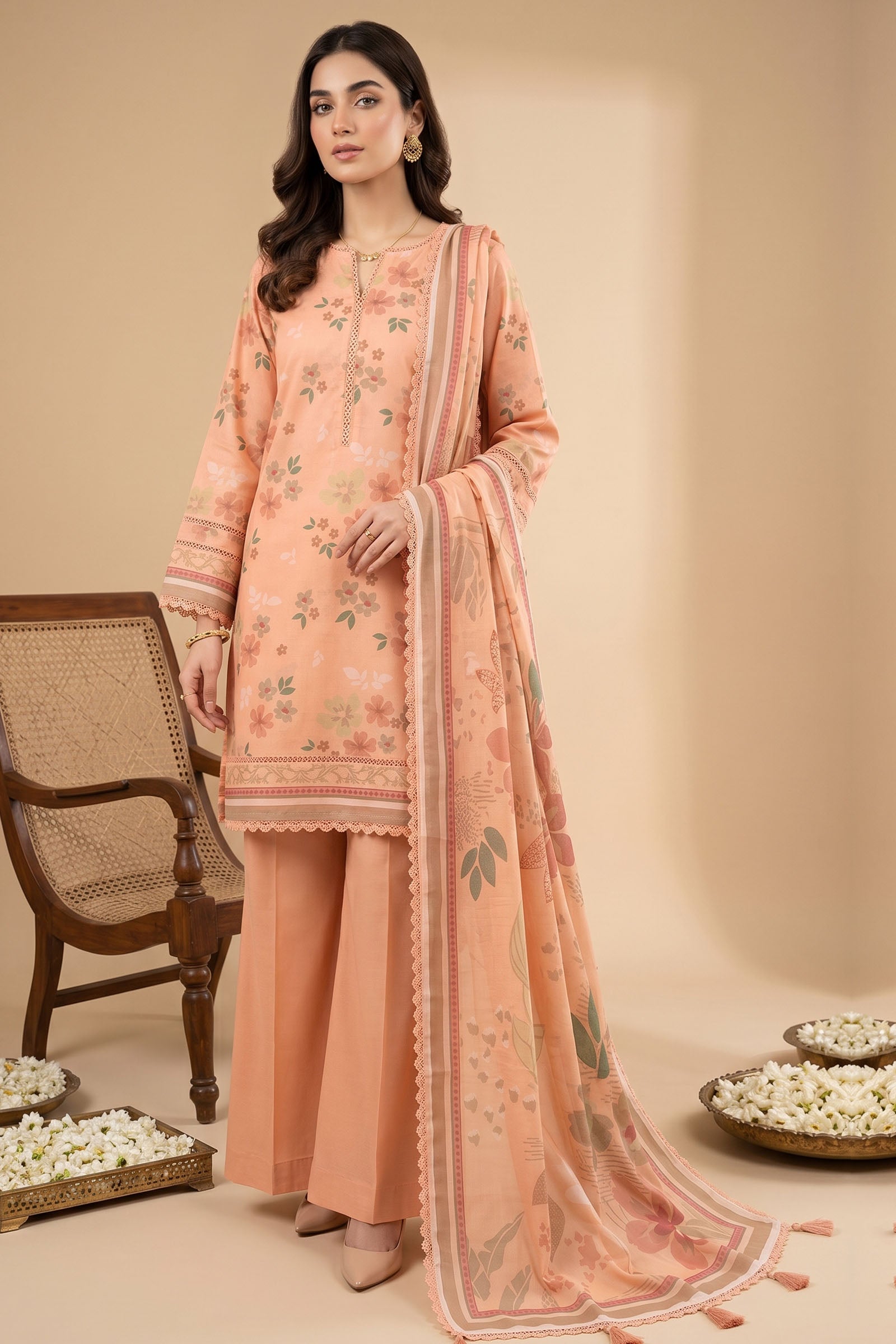Peach 3 Piece Unstitched Premium Printed Lawn