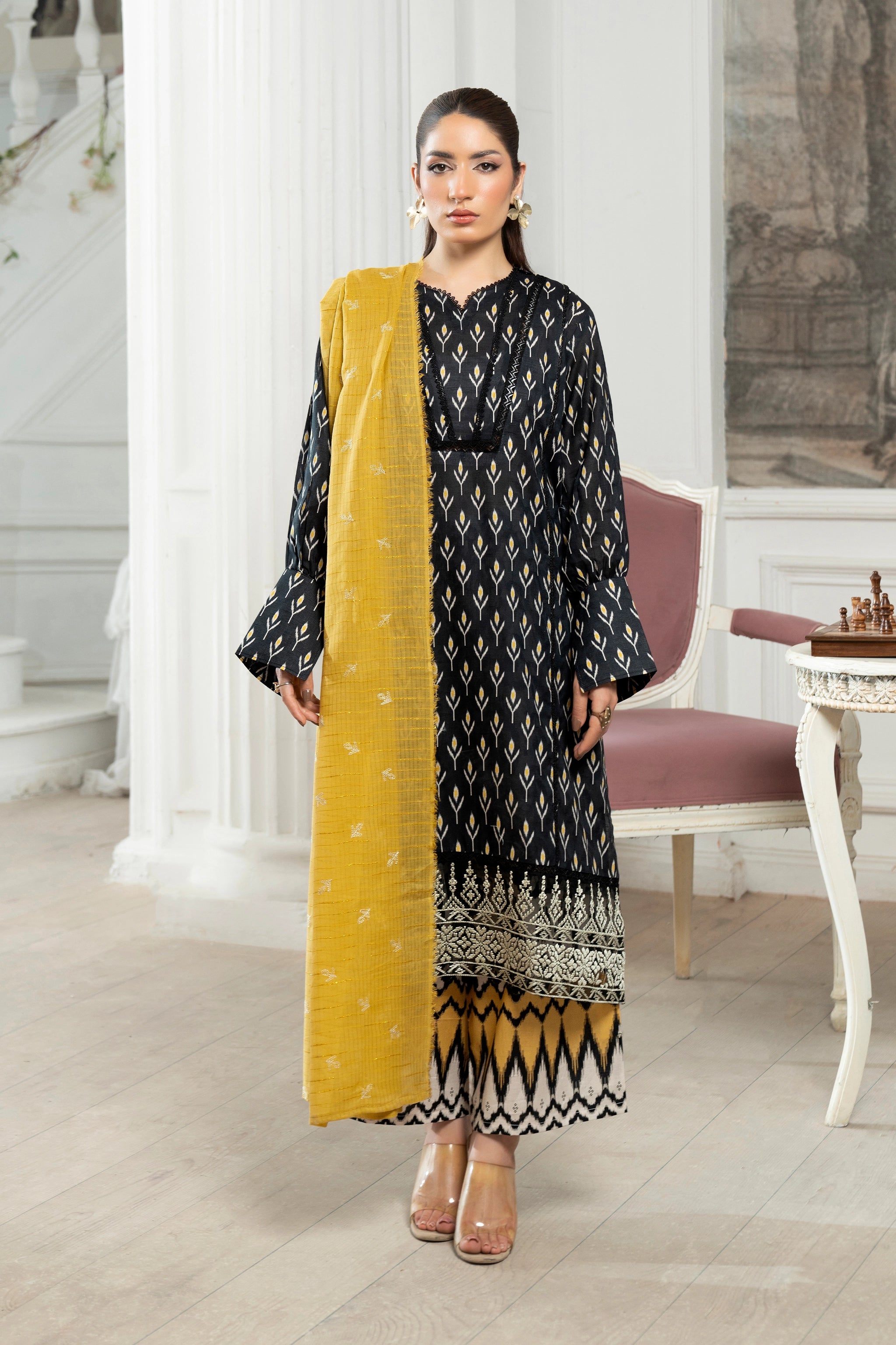 3 Piece Unstitched Black Premium Emb Jacquard Lawn