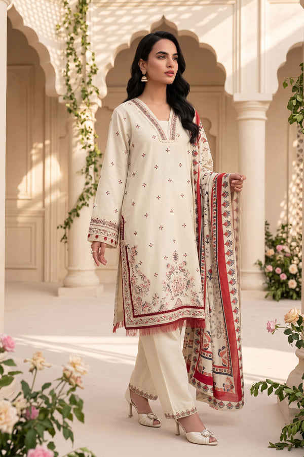 Unstitched Premium Printed 3-Piece Antique White Suit