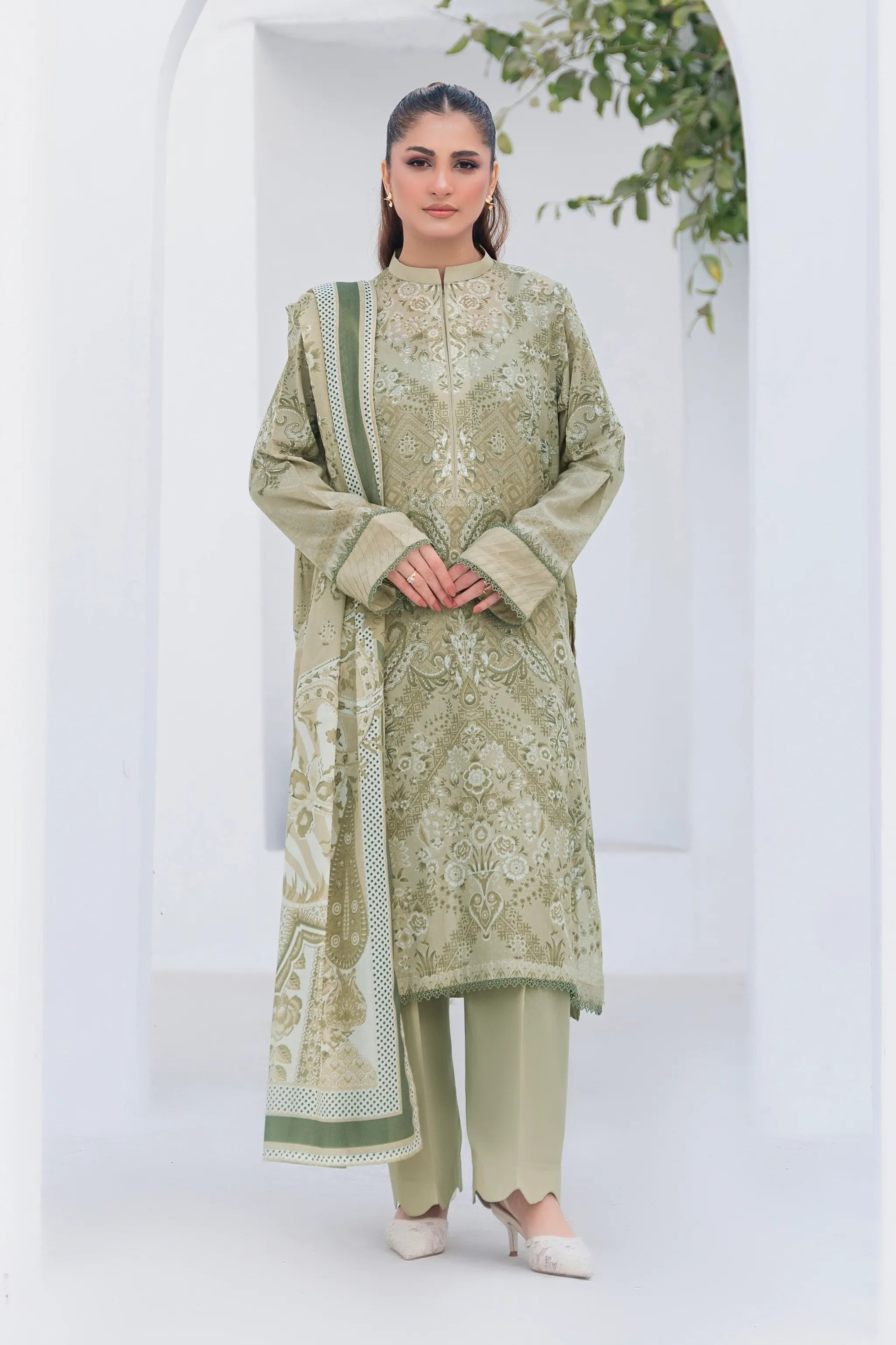 3 Piece Unstitched Pale Oyster Premium Printed Lawn