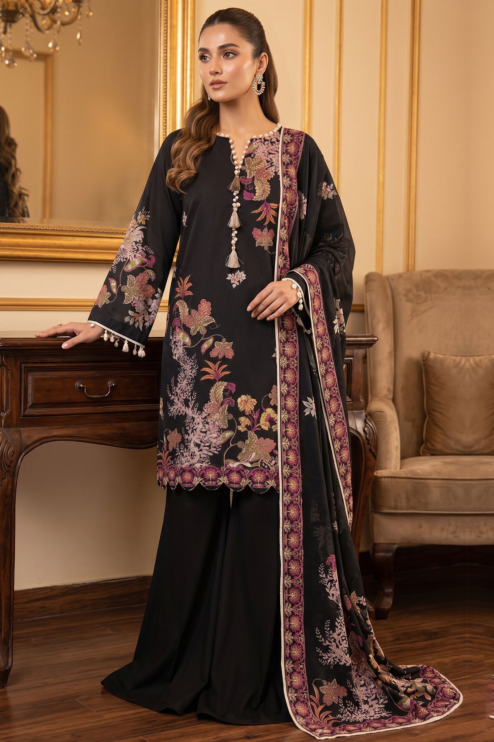 Black 3 Piece Unstitched Premium Printed Lawn