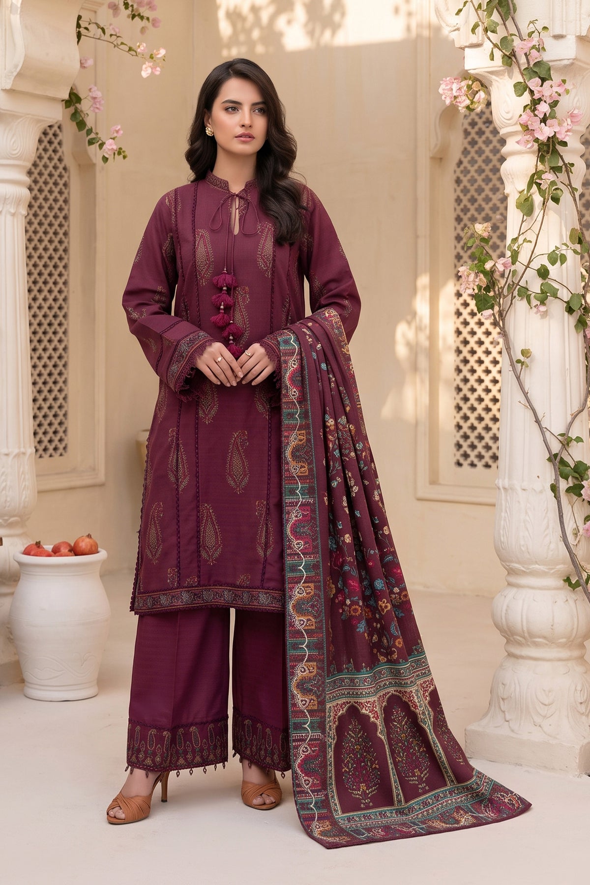Unstitched Premium Printed 3 Piece Maroon Suit