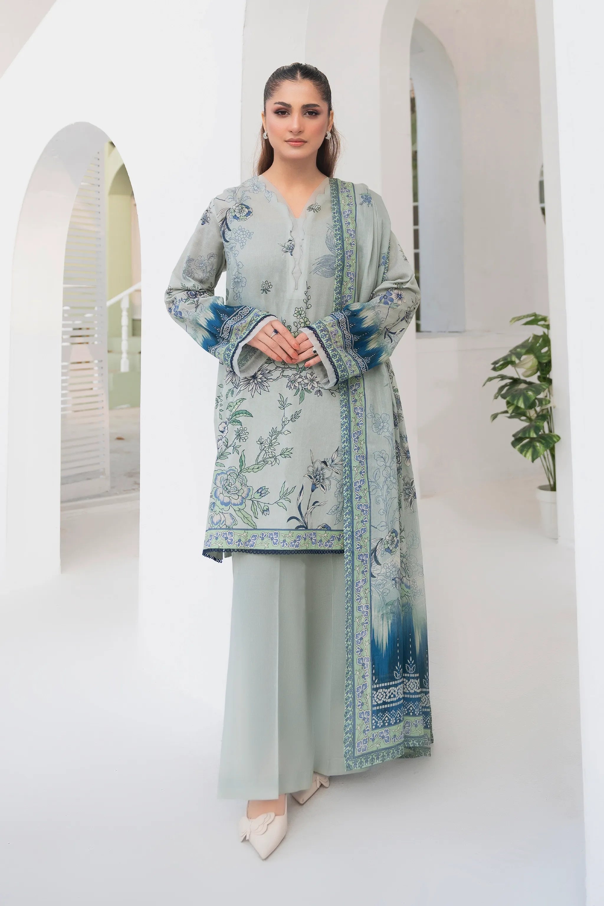 3 Piece Unstitched Gray Premium Printed Lawn