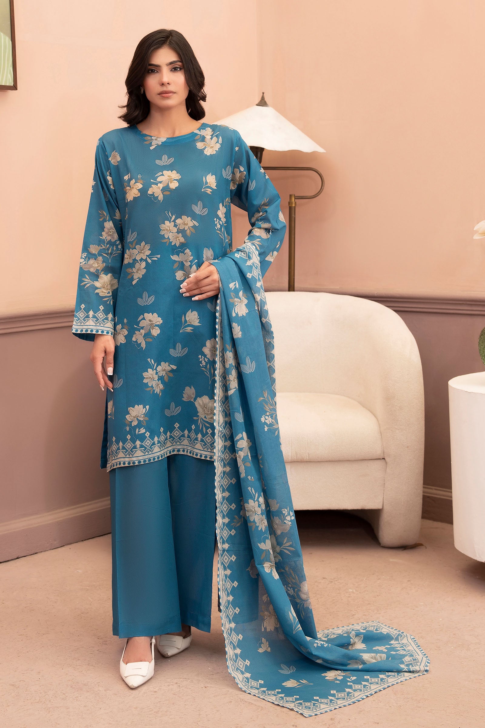 Teal Blue 3 Piece Unstitched Premium Printed Lawn Main image