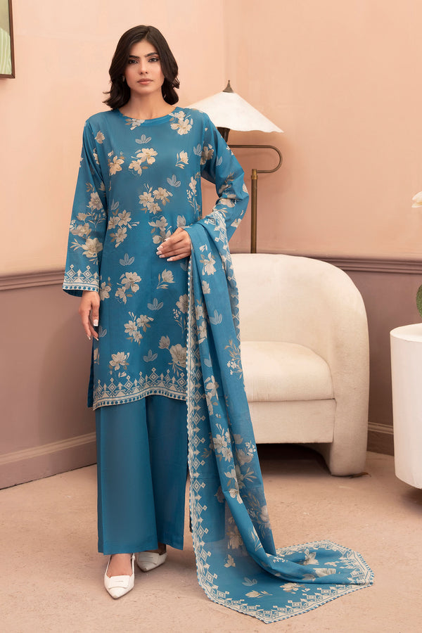 Teal Blue 3 Piece Unstitched Premium Printed Lawn