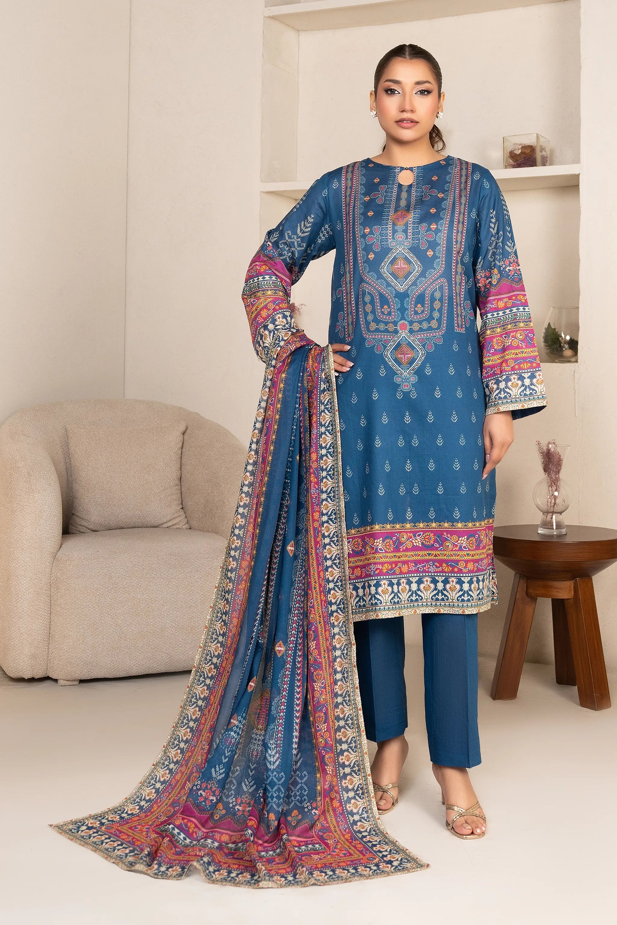 3 Piece Unstitched Sea Blue Premium Printed Lawn