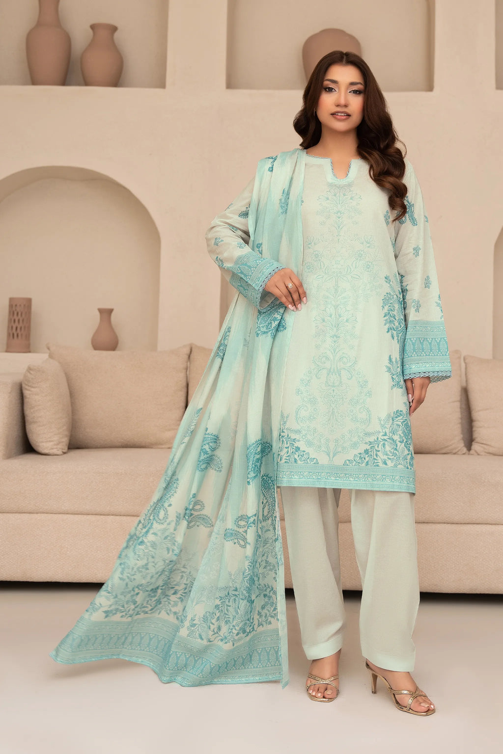 3 Piece Unstitched Cambridge Blue Premium Printed Lawn