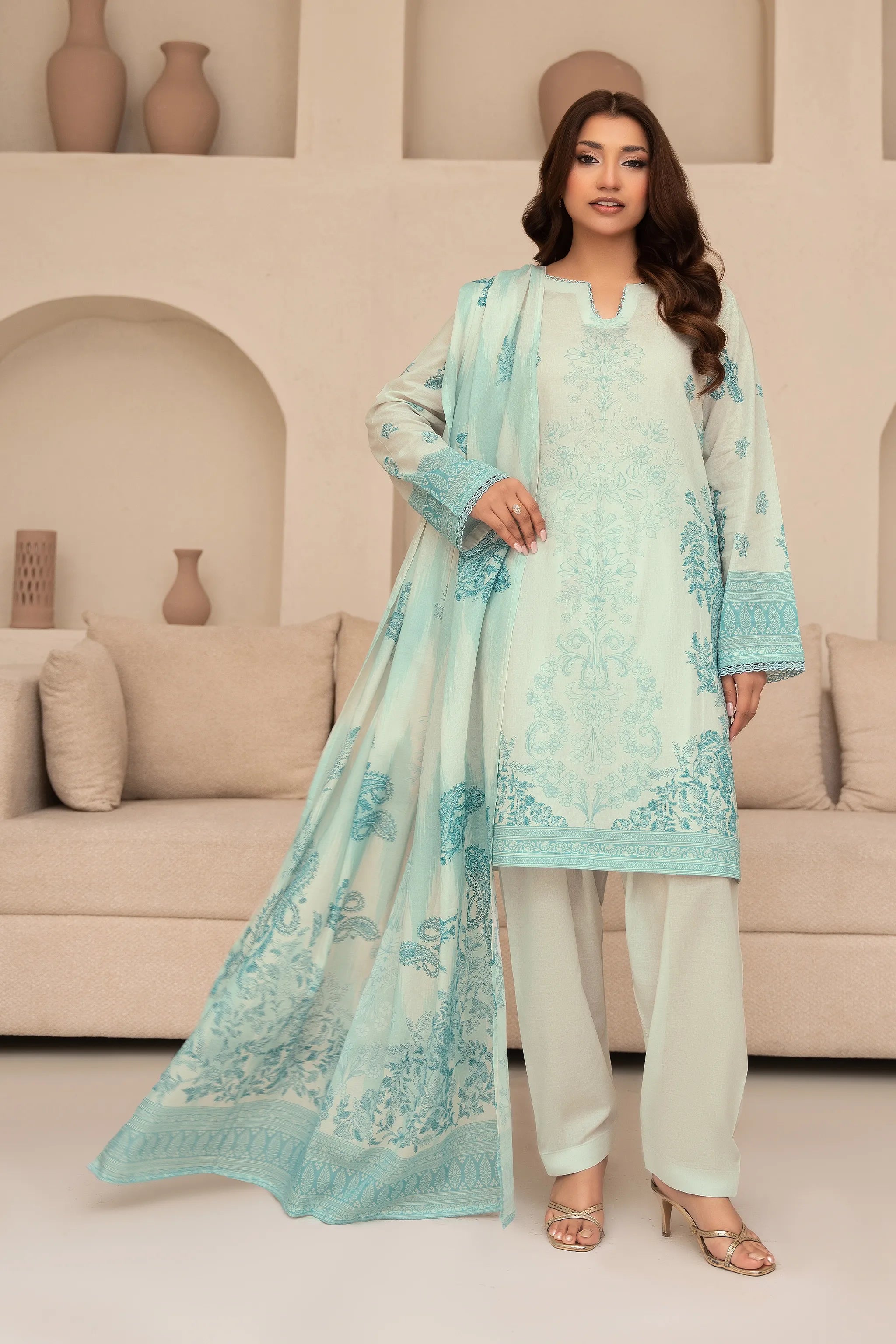 3 Piece Unstitched Cambridge Blue Premium Printed Lawn