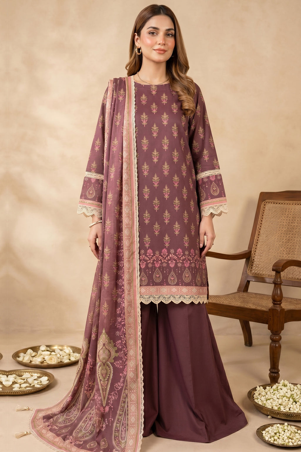 Brown 3 Piece Unstitched Premium Printed Lawn