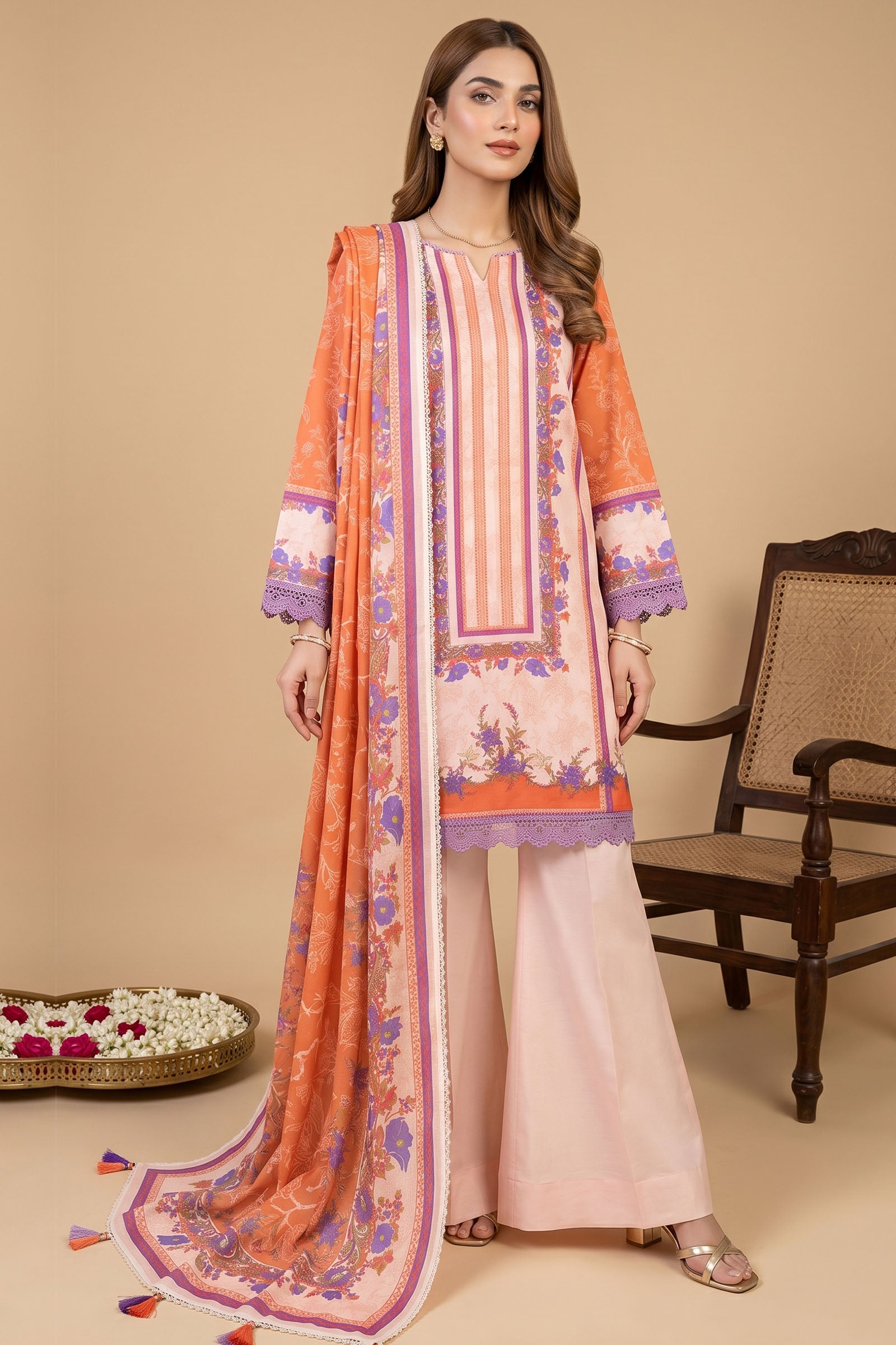 Peach 3 Piece Unstitched Premium Printed Lawn Secondary image