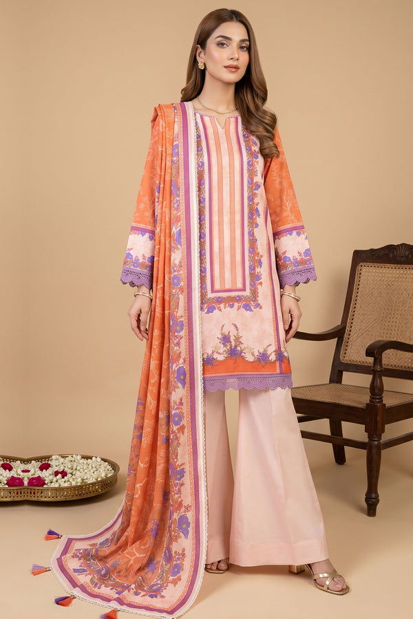 Peach 3 Piece Unstitched Premium Printed Lawn