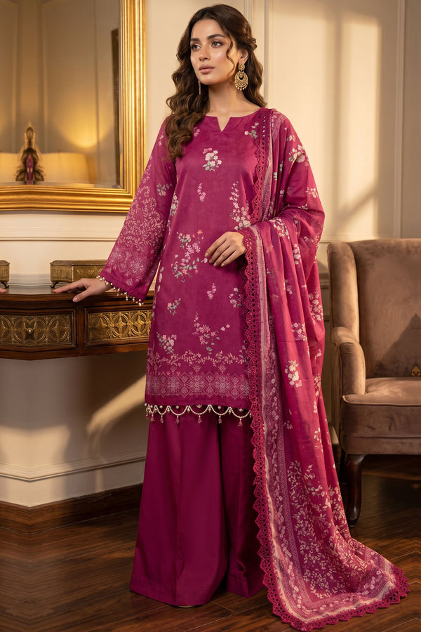 Raspberry 3 Piece Unstitched Premium Printed Lawn