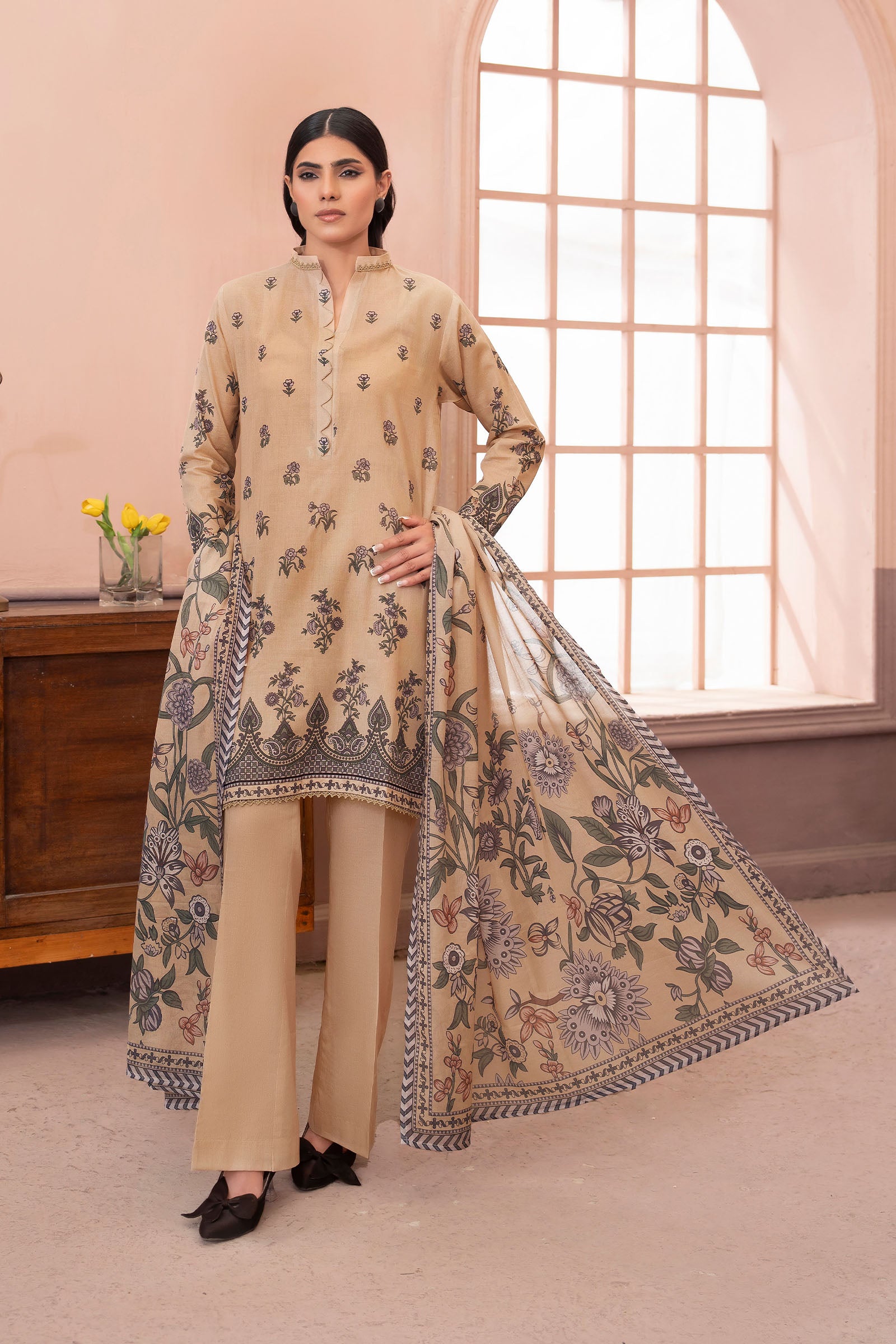 Dark Beige 3 Piece Unstitched Premium Printed Lawn Main image