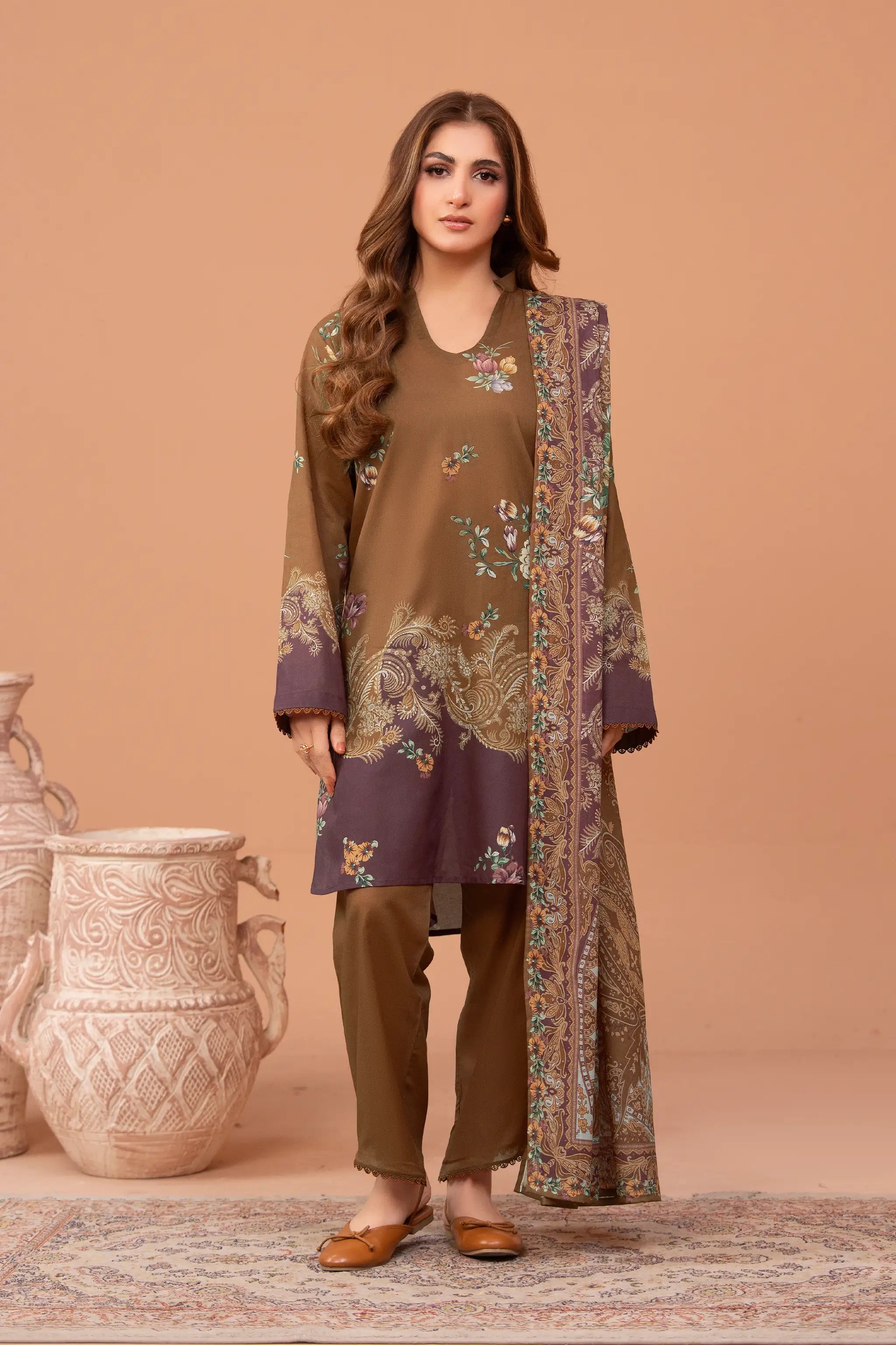 3 Piece Unstitched Pastel Brown Premium Printed Lawn