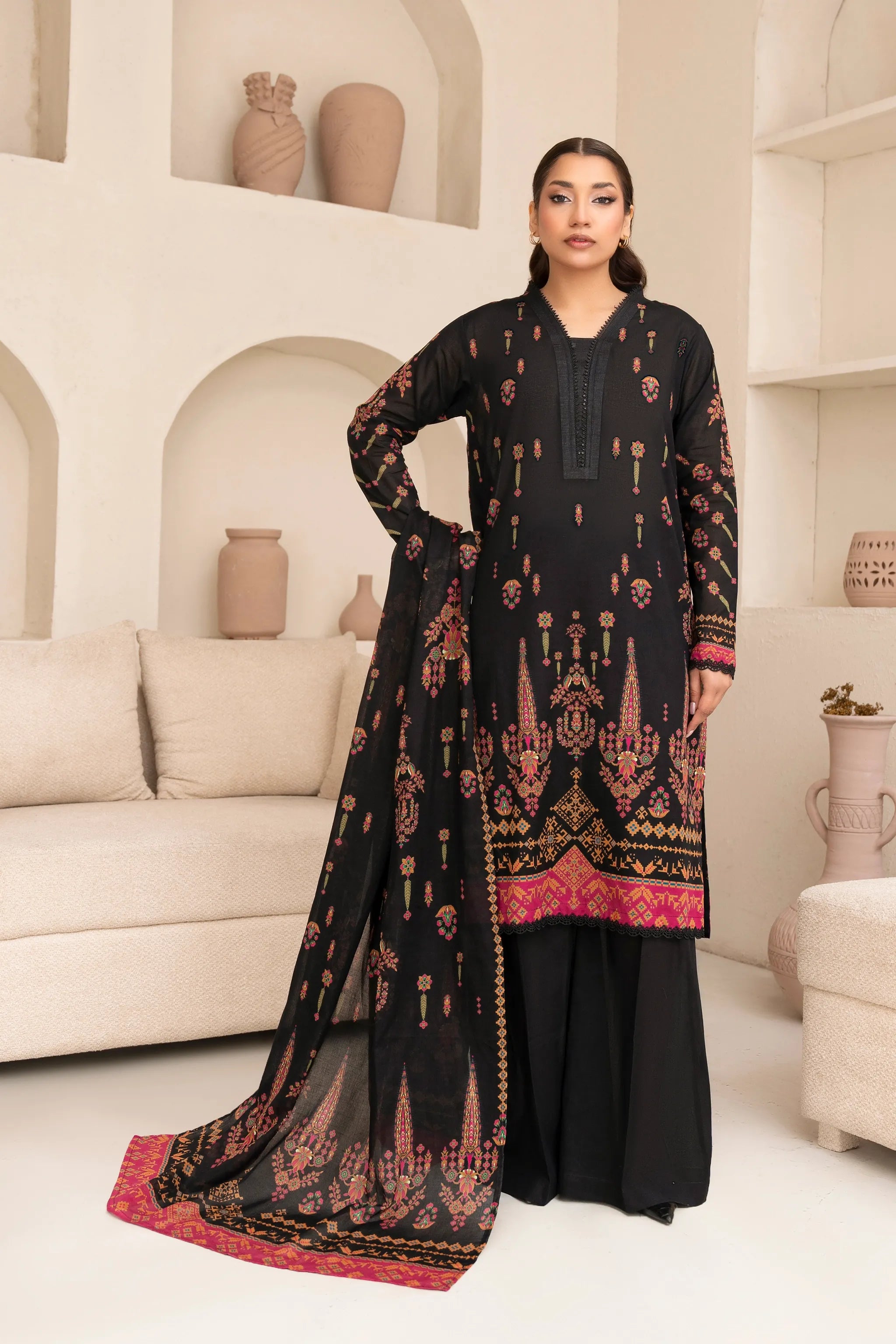3 Piece Unstitched Black Premium Printed Lawn