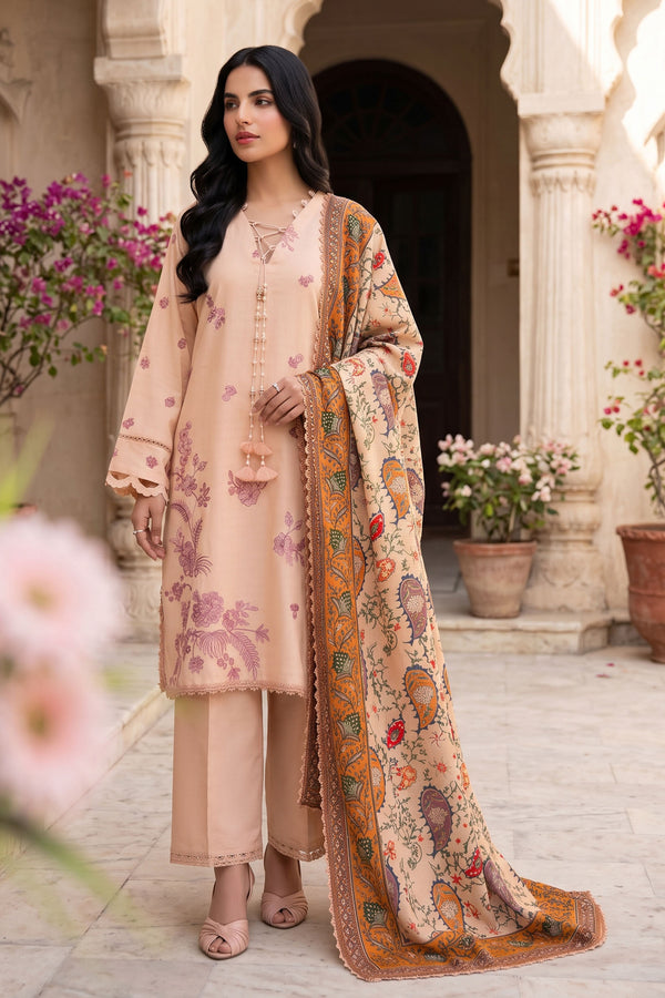 Unstitched Premium Printed 3-Piece Pink Sand Suit
