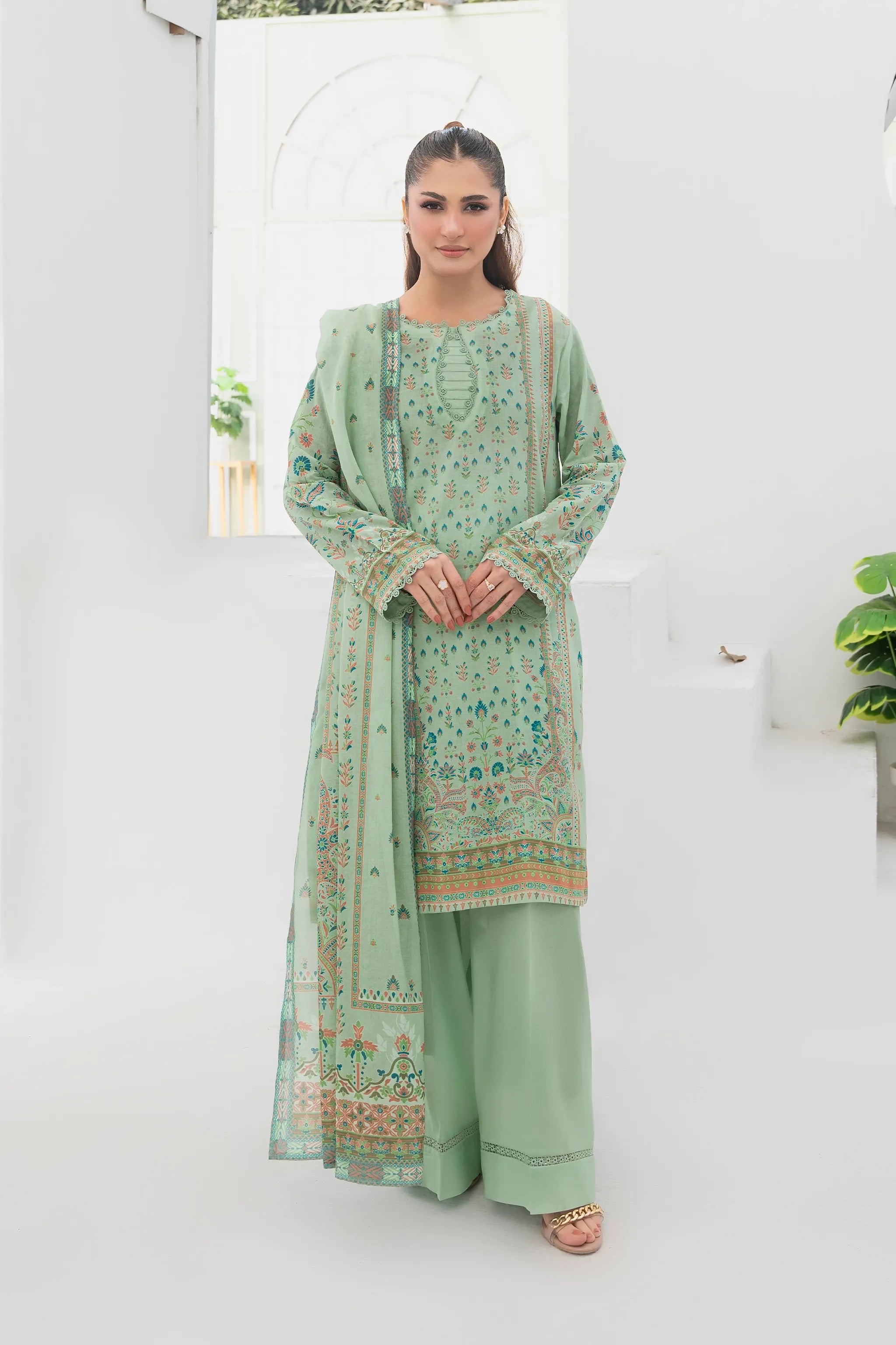3 Piece Unstitched Laurel Green Premium Printed Lawn