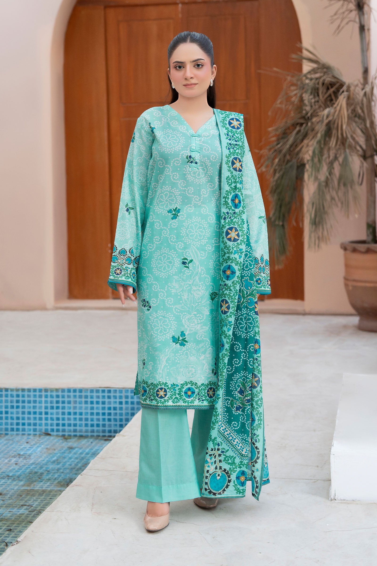 Light Sea Green 3 Piece Unstitched Premium Printed Lawn