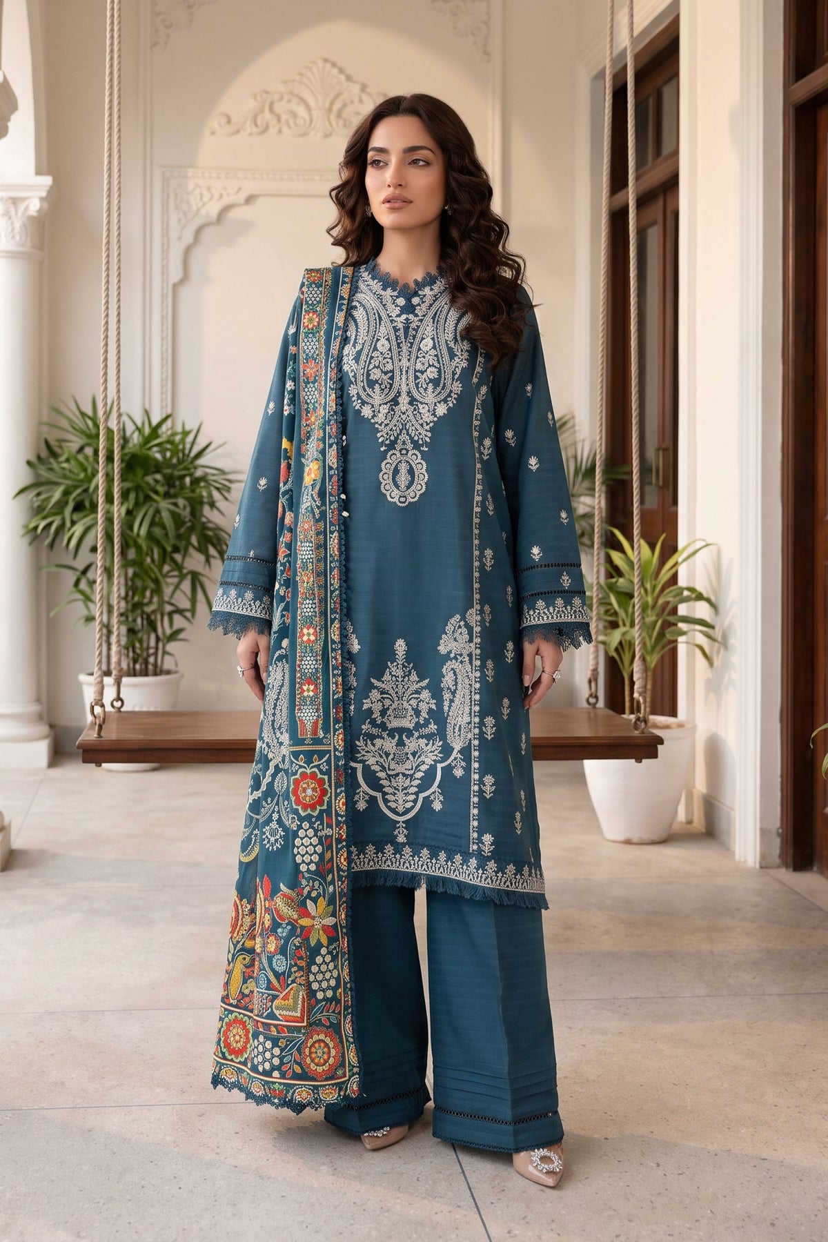 Unstitched Premium Printed 3-Piece Dark Blue Suit