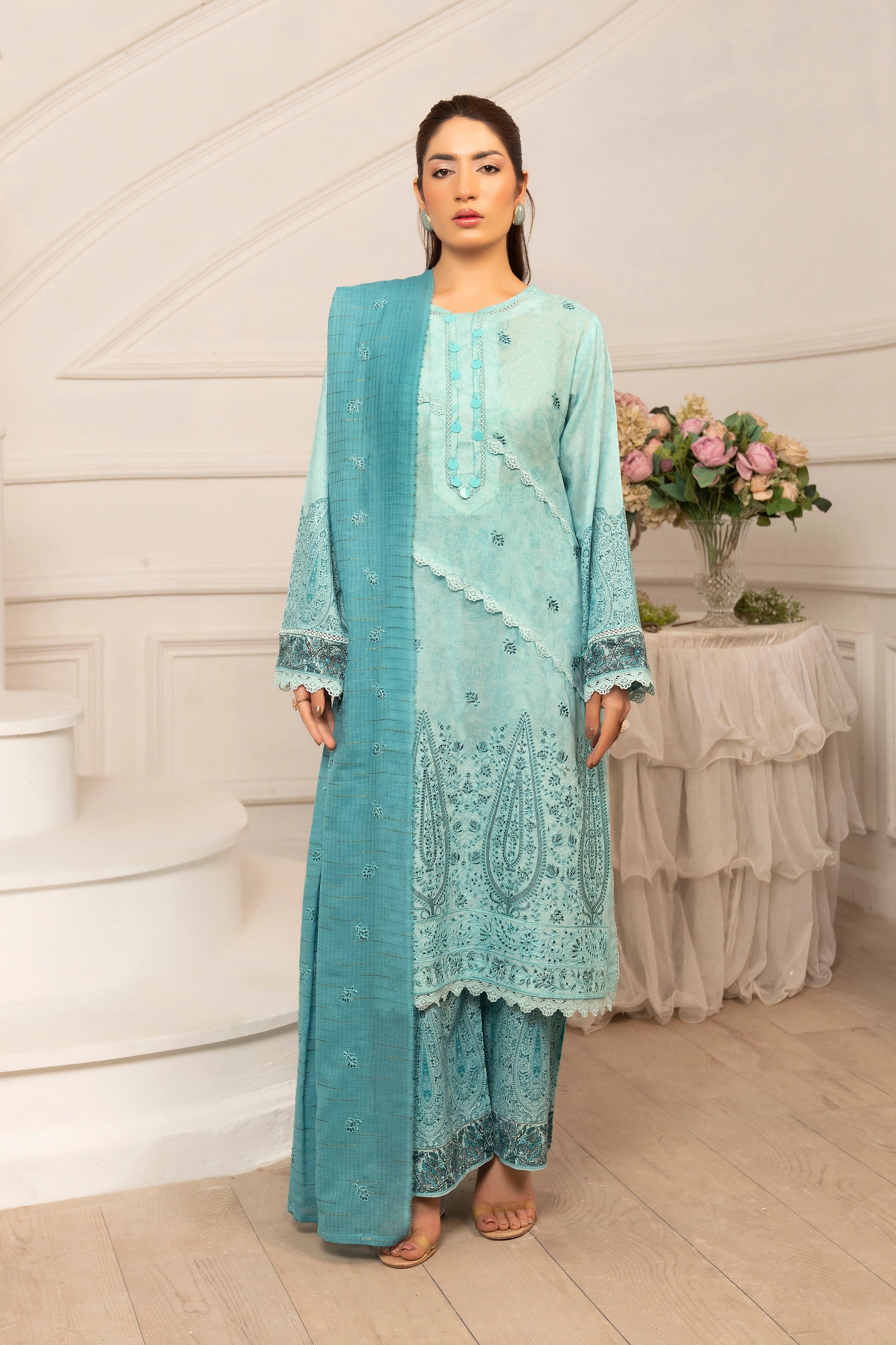 3 Piece Unstitched Cambridge Blue Premium Emb Jacquard Lawn