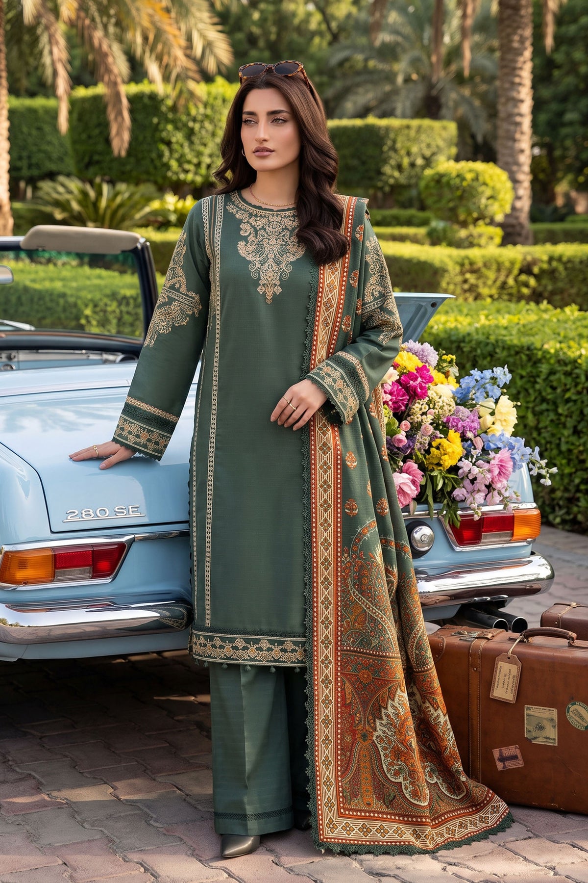 Unstitched Premium Printed 3-Piece Lunar Green Suit