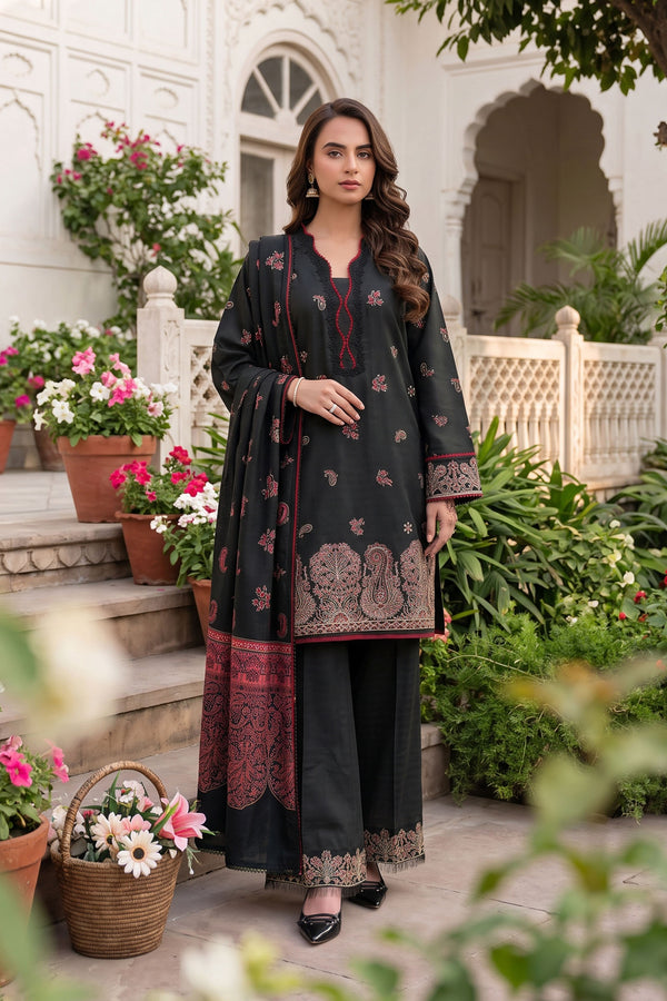 Unstitched Premium Printed 3-Piece Dark Black Suit