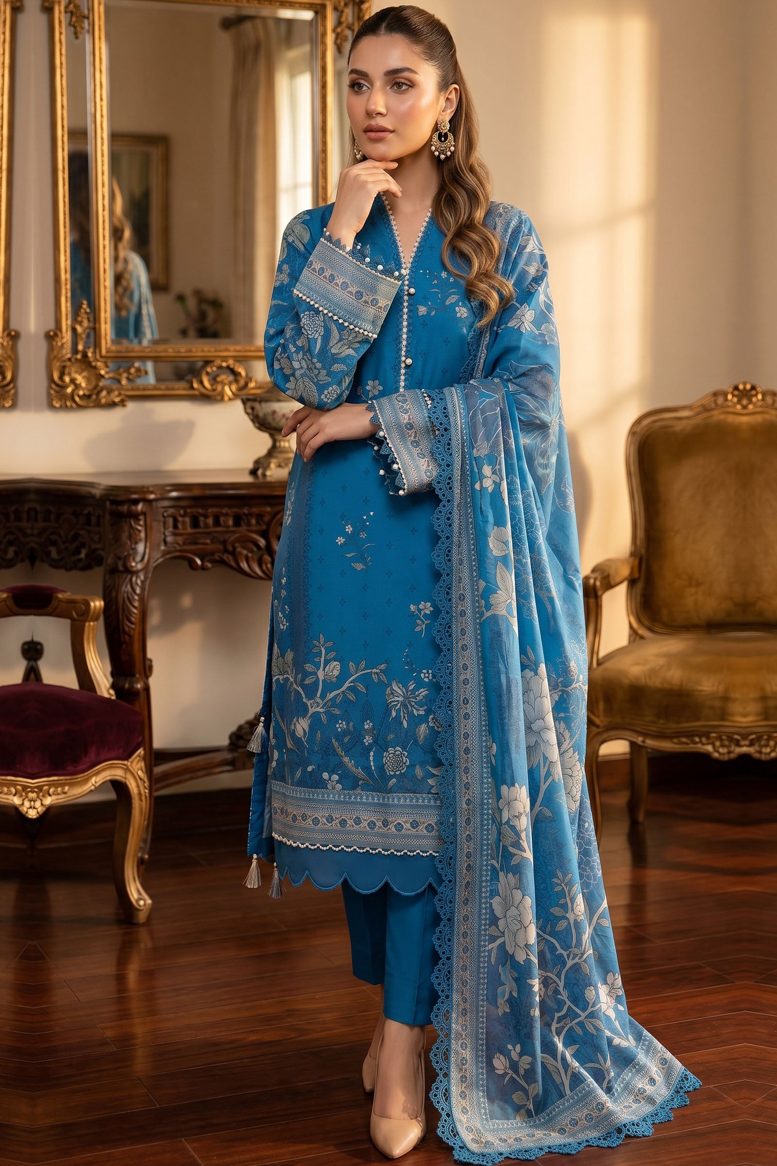 Blue 3 Piece Unstitched Premium Printed Lawn Main image
