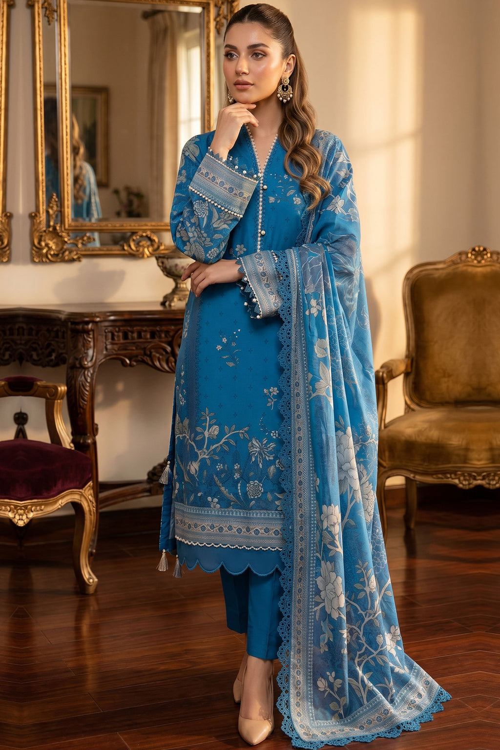 Blue 3 Piece Unstitched Premium Printed Lawn