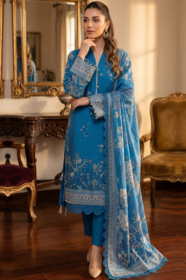 Blue 3 Piece Unstitched Premium Printed Lawn