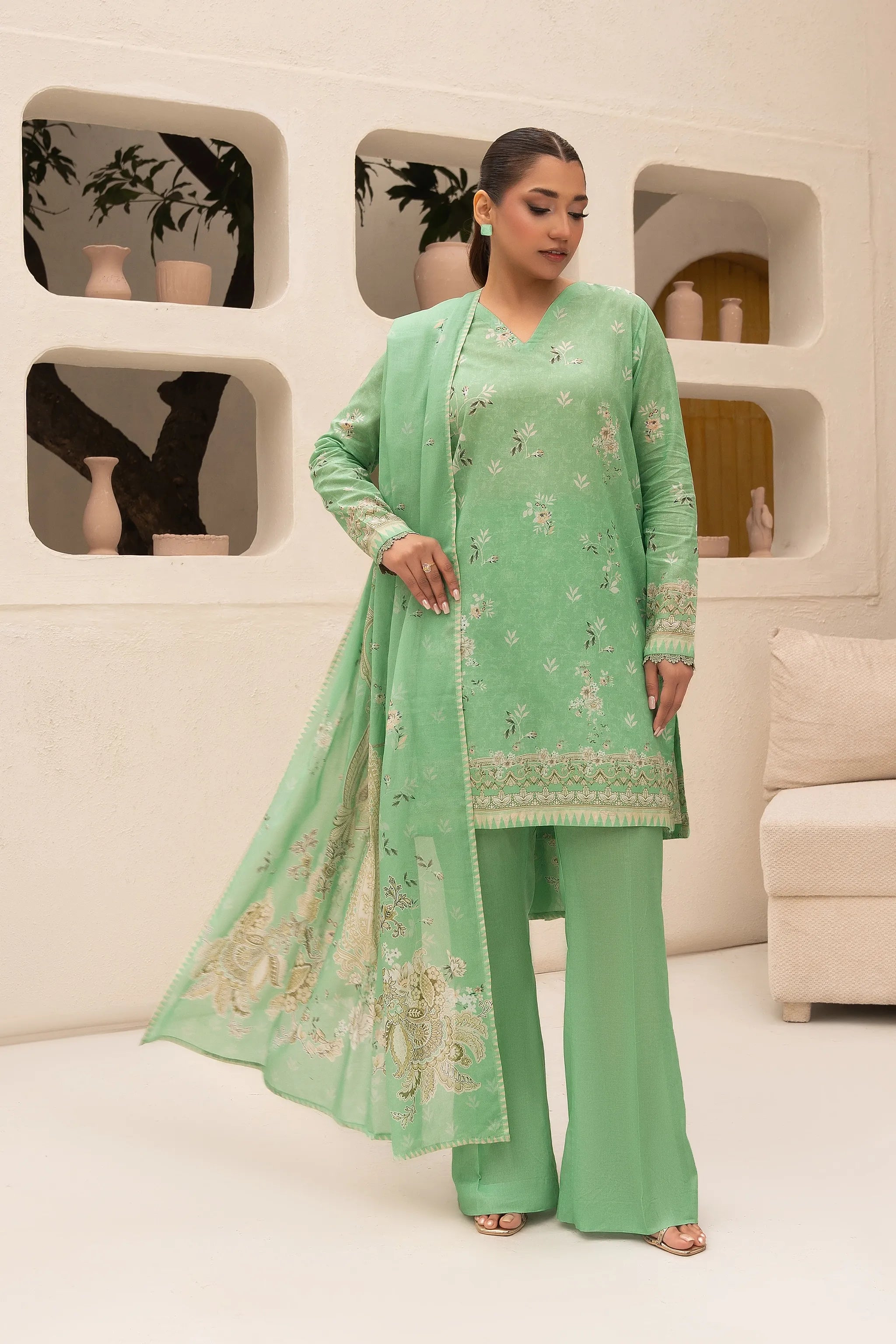 3 Piece Unstitched Sea Green Premium Printed Lawn