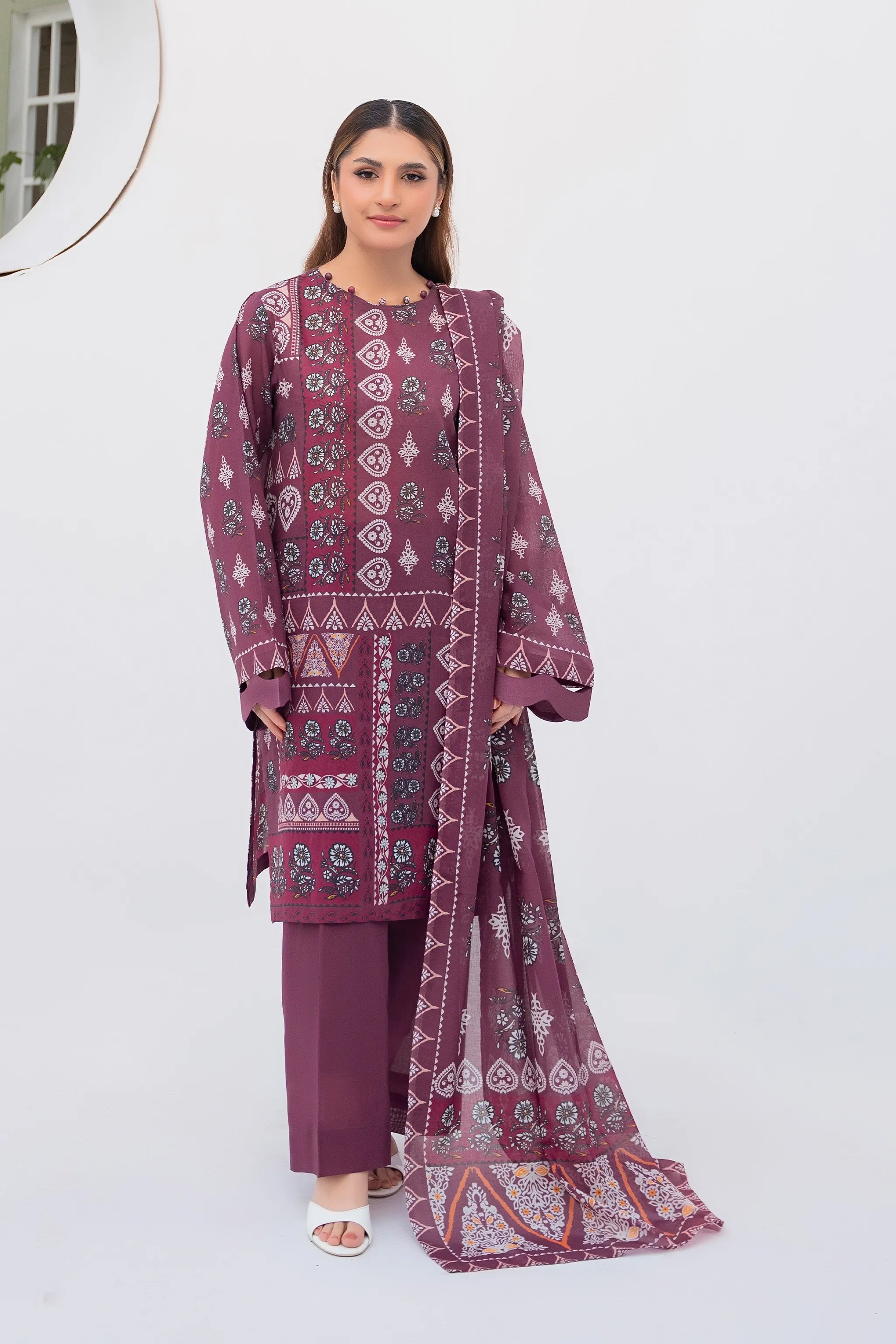 3 Piece Unstitched Tuscan Red Premium Printed Lawn
