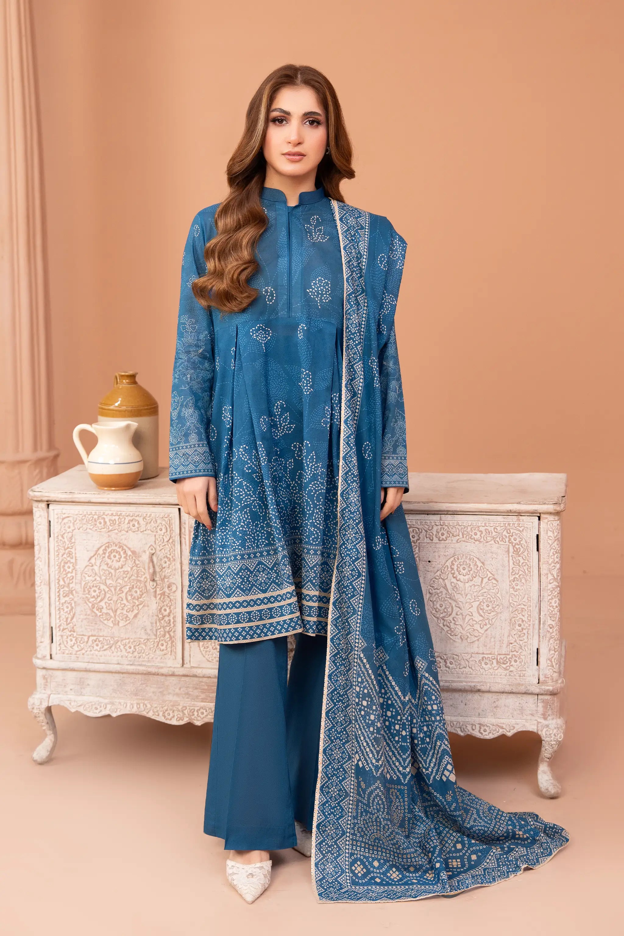 3 Piece Unstitched Sea Blue Premium Printed Lawn