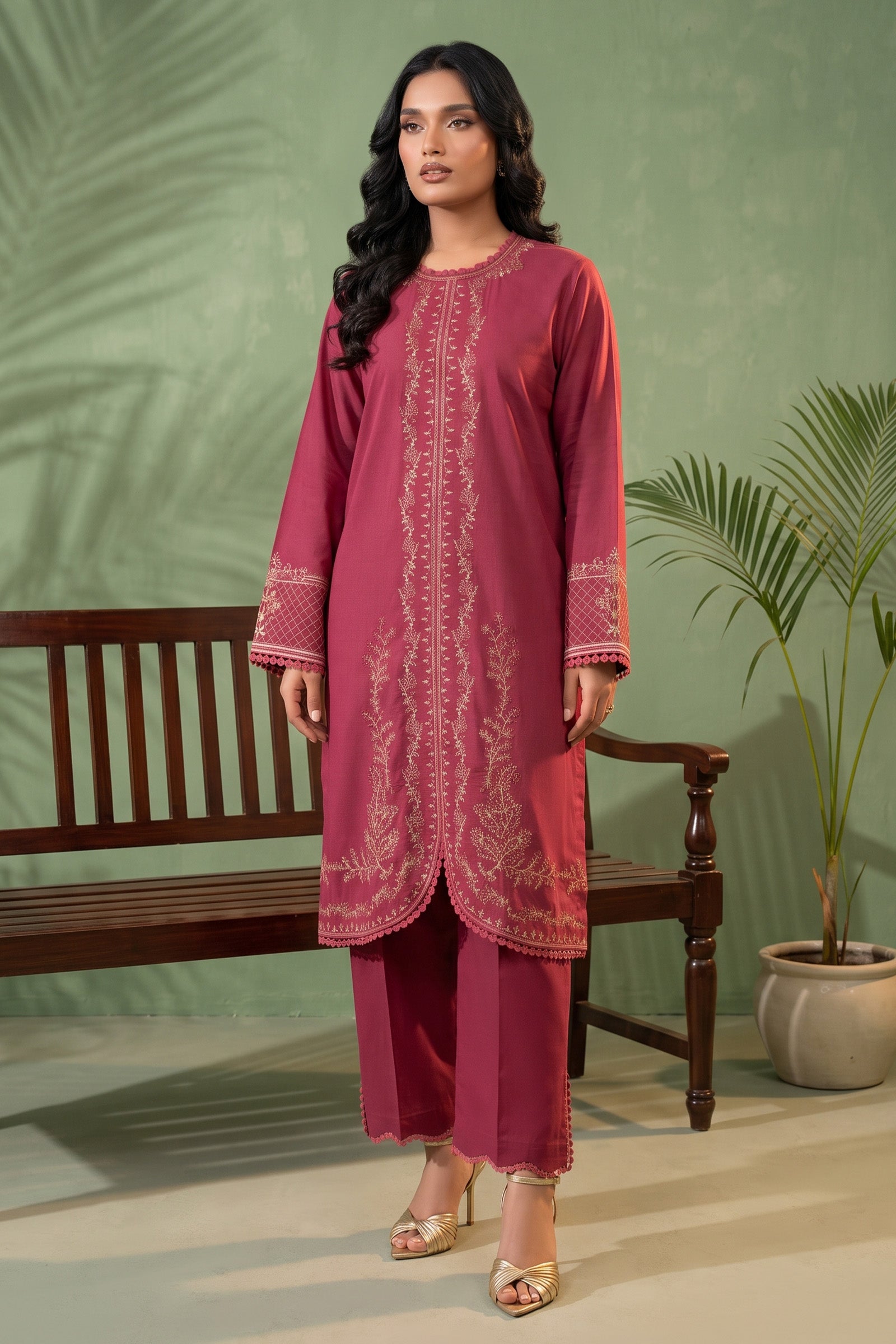 Ruby pink 2 Piece Unstitched Dyed Embroidered Lawn