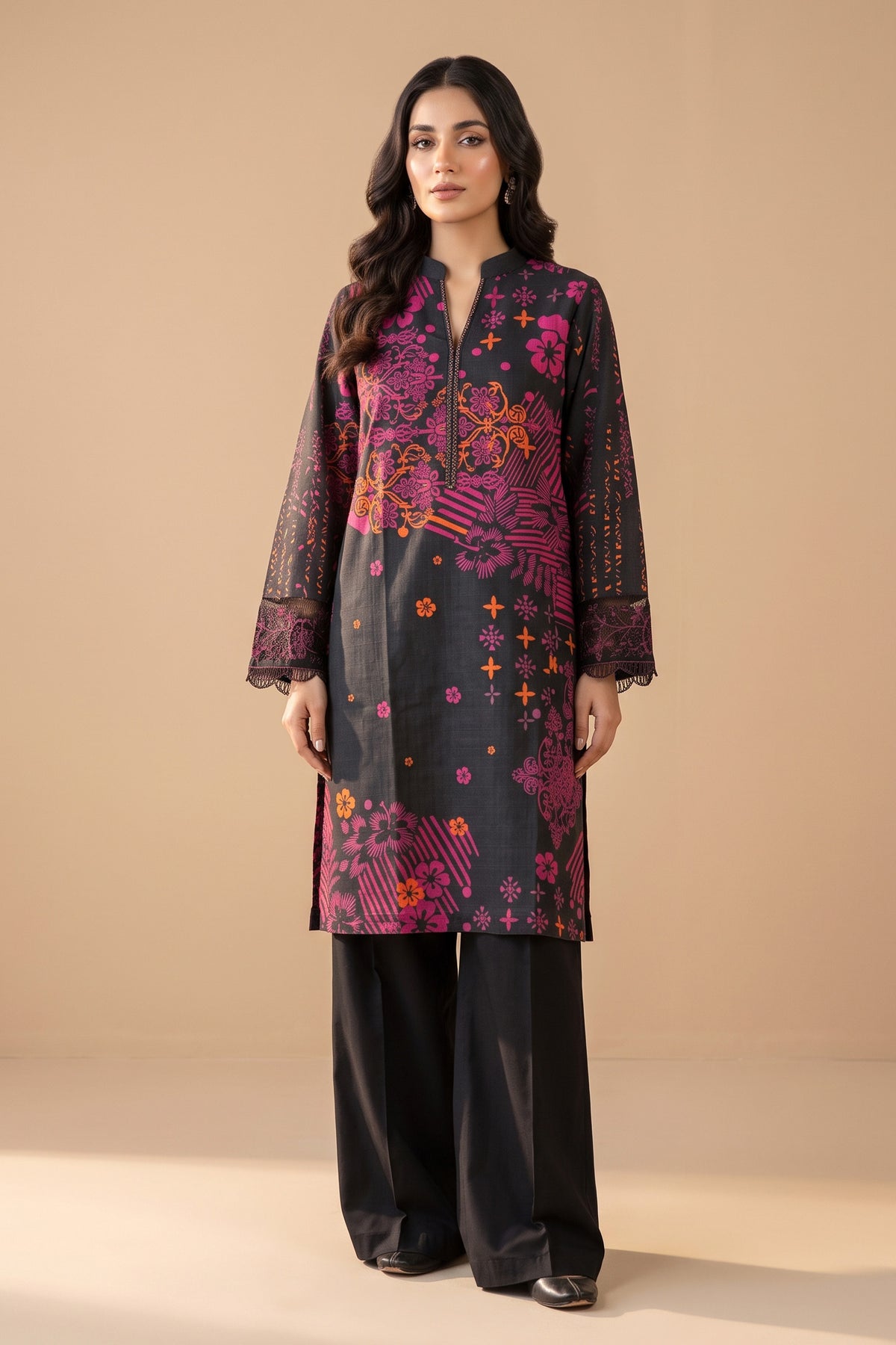 2 Piece Unstitched Printed Lace Cuff Khaddar - Black
