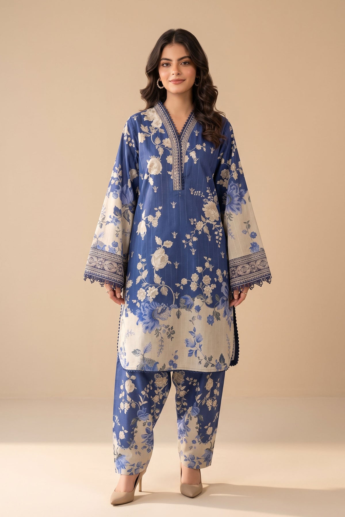 Blue 2 Piece Unstitched Dyed Embroidered Lawn