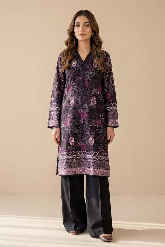 2 Piece Unstitched Printed Lace Khaddar - Dark Black