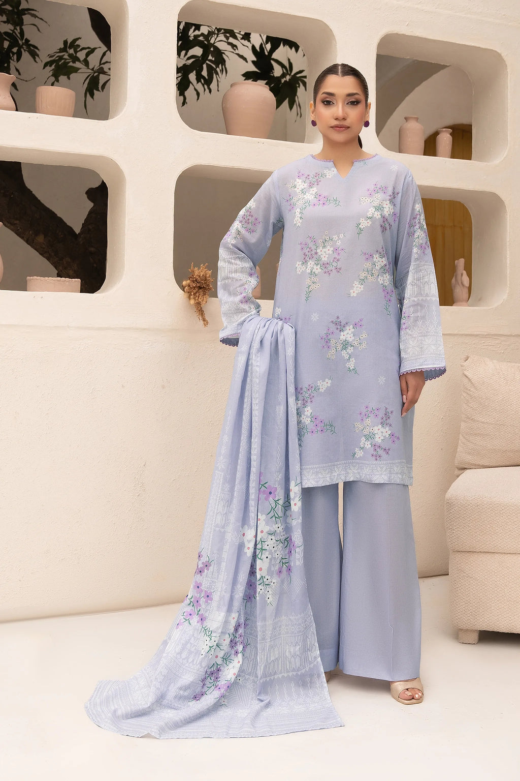 3 Piece Unstitched Lavender Gray Premium Printed Lawn