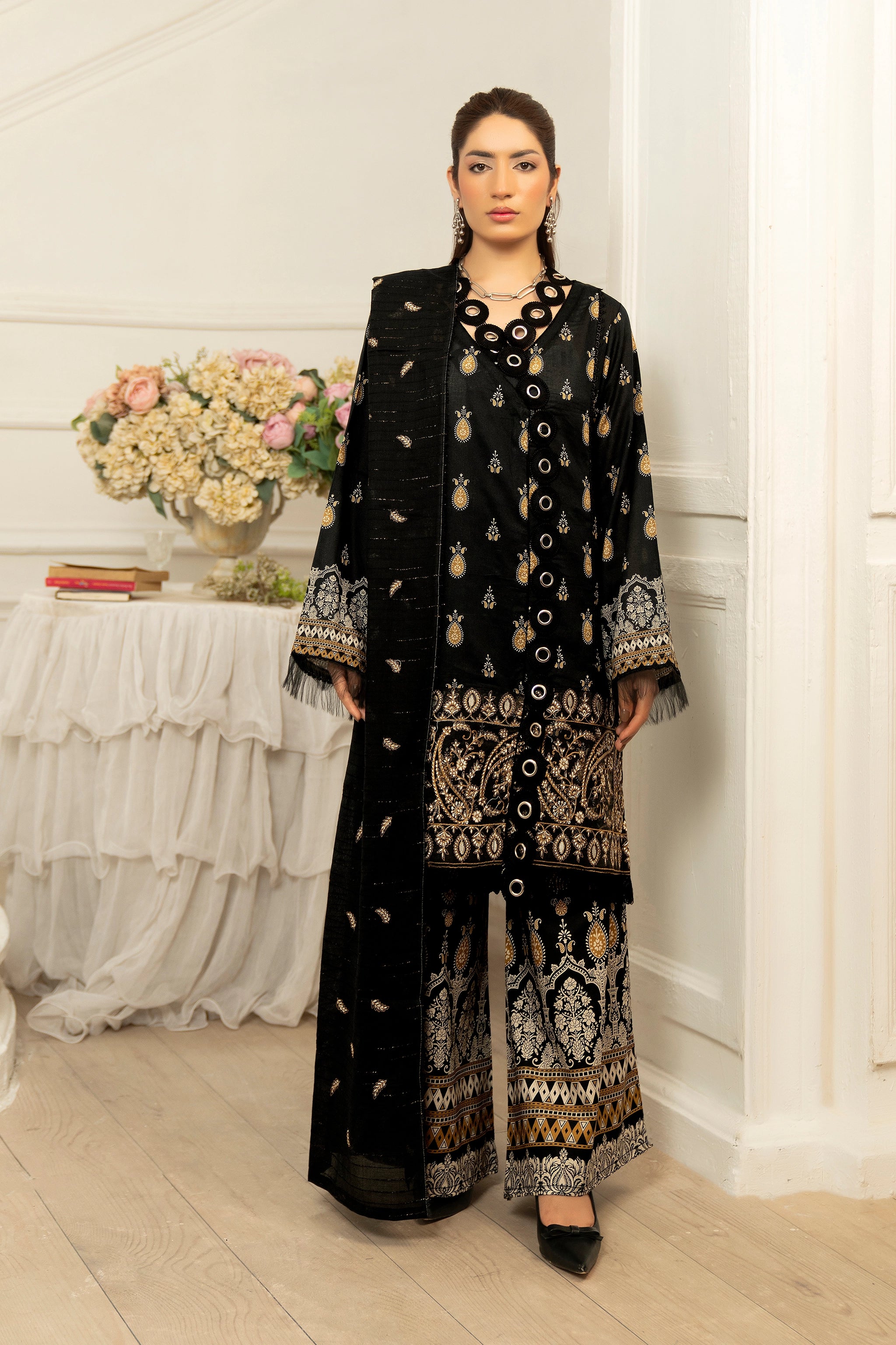 3 Piece Unstitched Black Premium Emb Jacquard Lawn