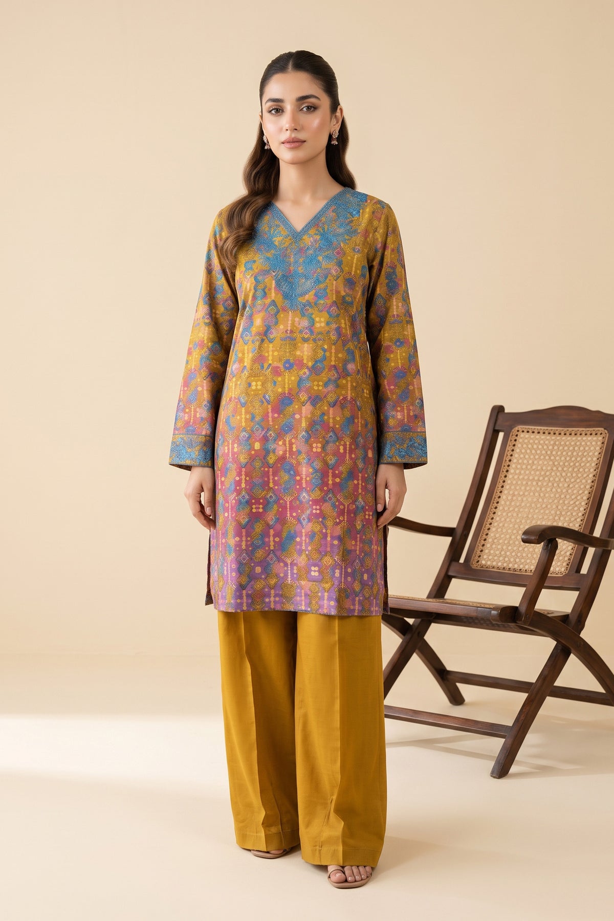 2 Piece Unstitched Embroidered Printed Khaddar - Mustard Gold