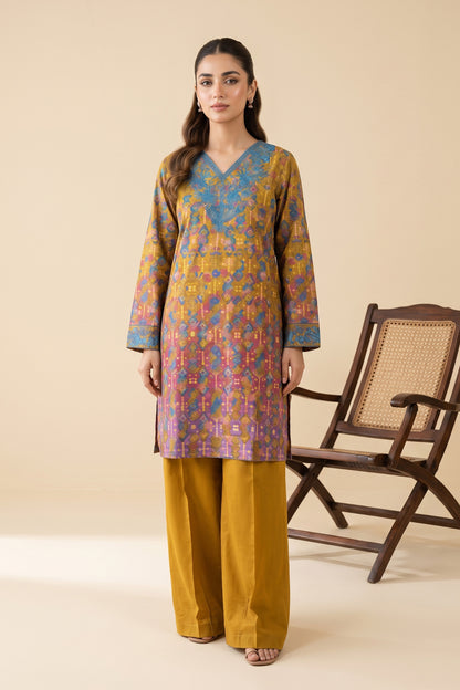 2 Piece Unstitched Embroidered Printed Khaddar - Mustard Gold