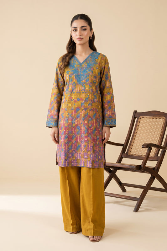 2 Piece Unstitched Embroidered Printed Khaddar - Mustard Gold