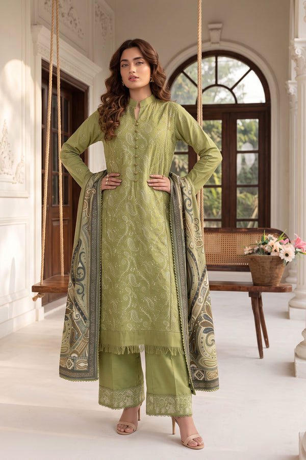 Unstitched Premium Printed 3-Piece Pickle GreenSuit