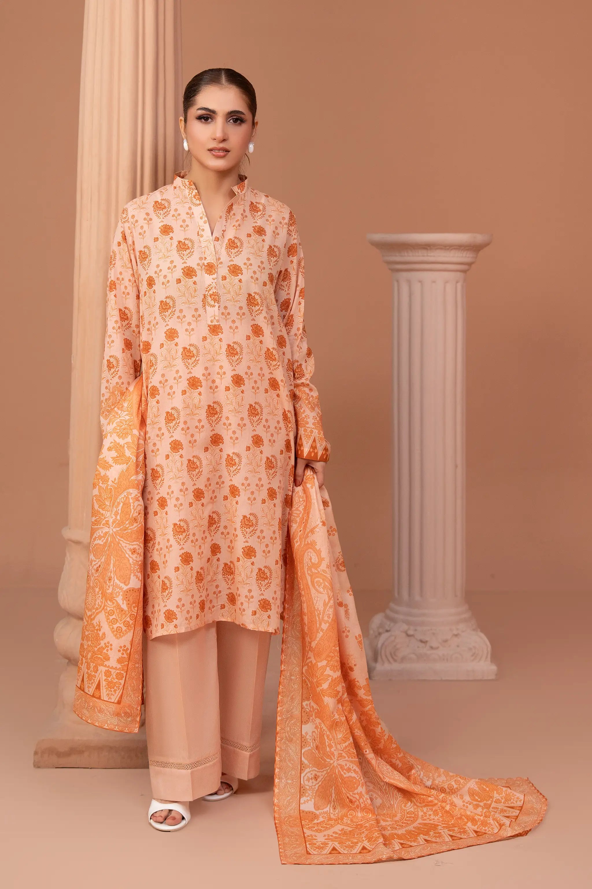3 Piece Unstitched Peach Premium Printed Lawn