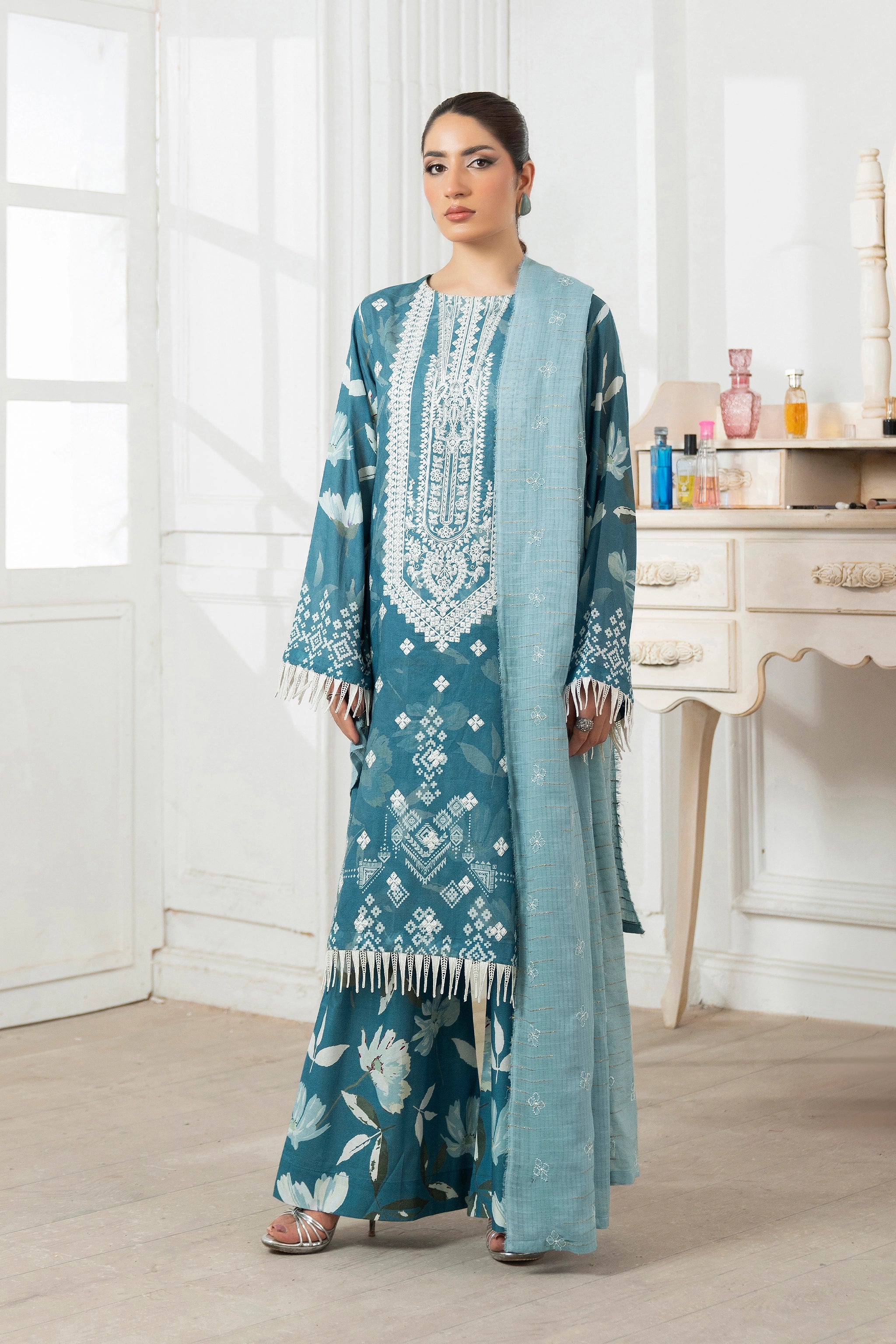 3 Piece Unstitched Cadet Blue Premium Emb Jacquard Lawn