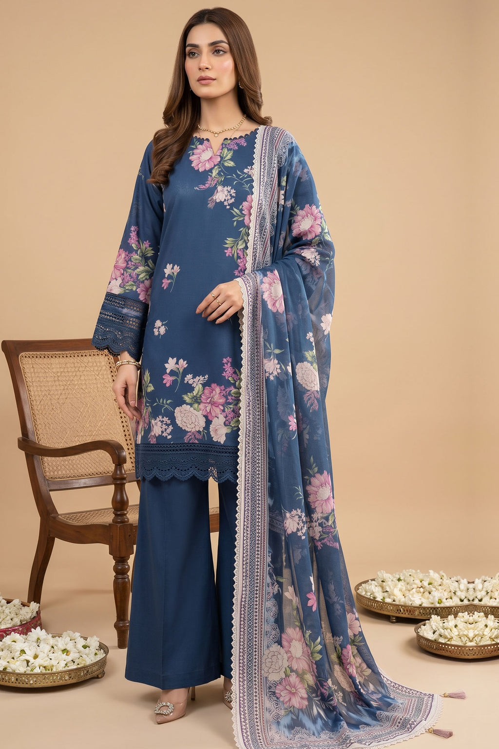 Blue 3 Piece Unstitched Premium Printed Lawn