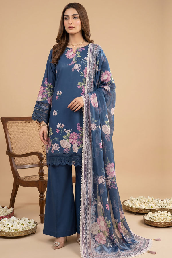 Blue 3 Piece Unstitched Premium Printed Lawn