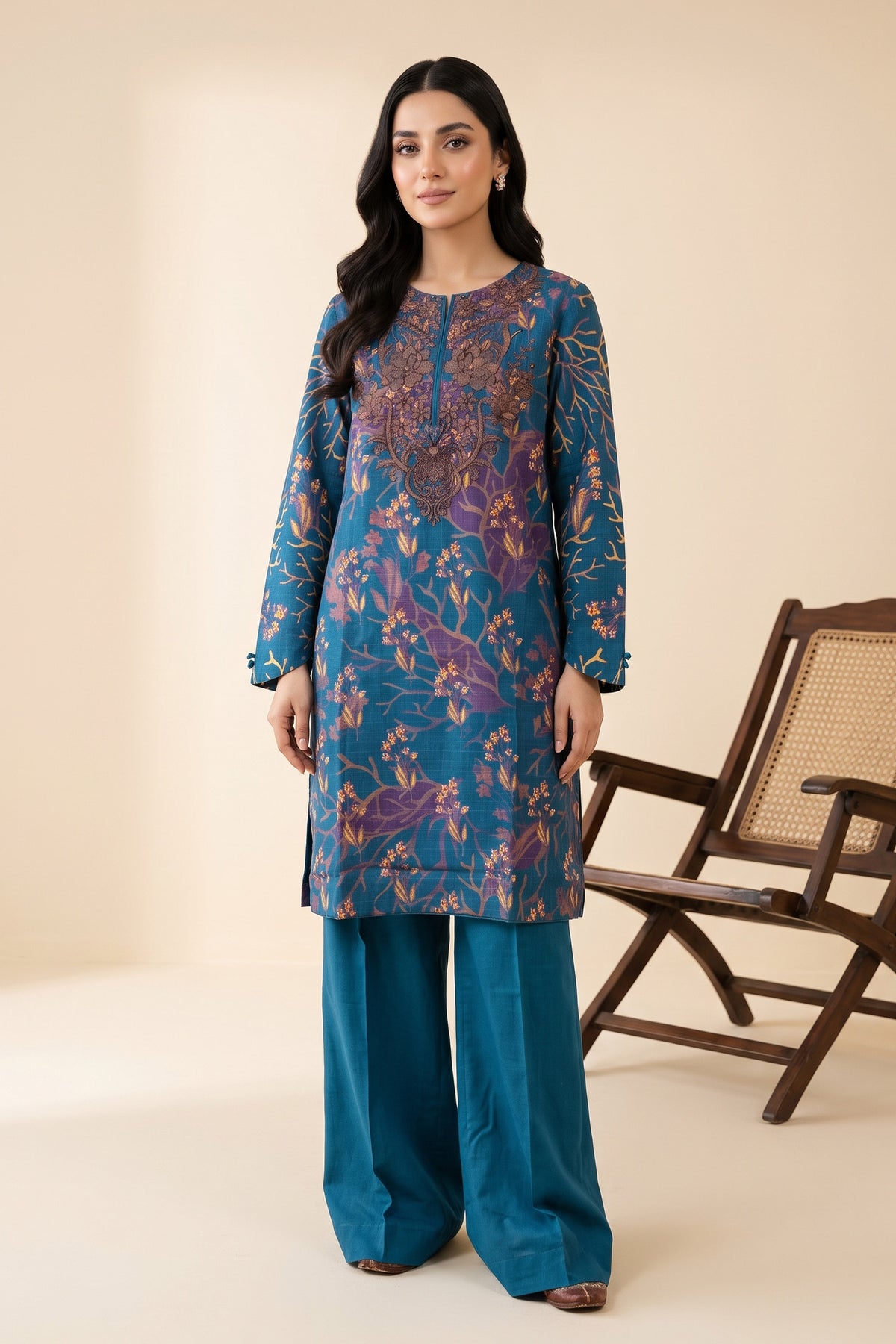 2 Piece Unstitched Embroidered Printed Khaddar - Mystic Blue
