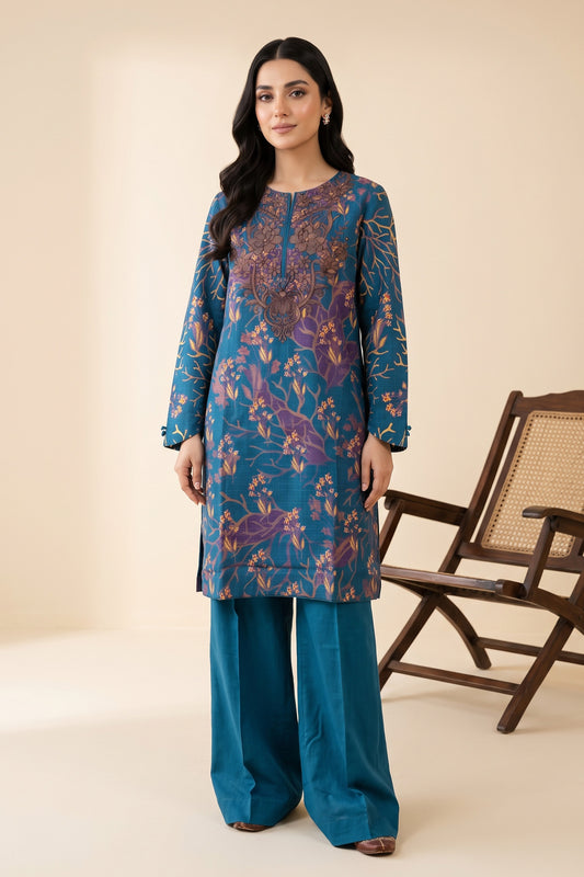 2 Piece Unstitched Embroidered Printed Khaddar - Mystic Blue