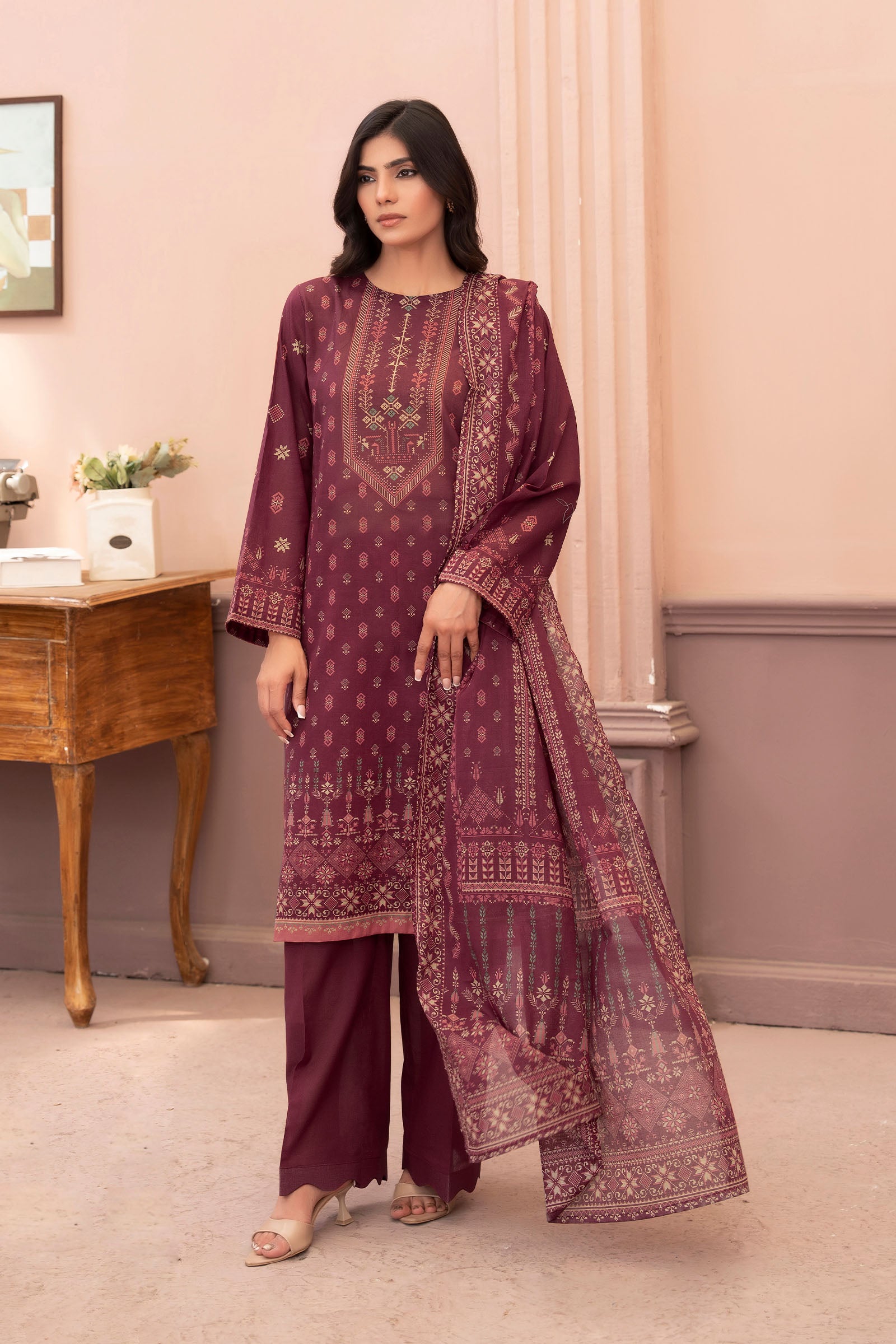 Wine 3 Piece Unstitched Premium Printed Lawn